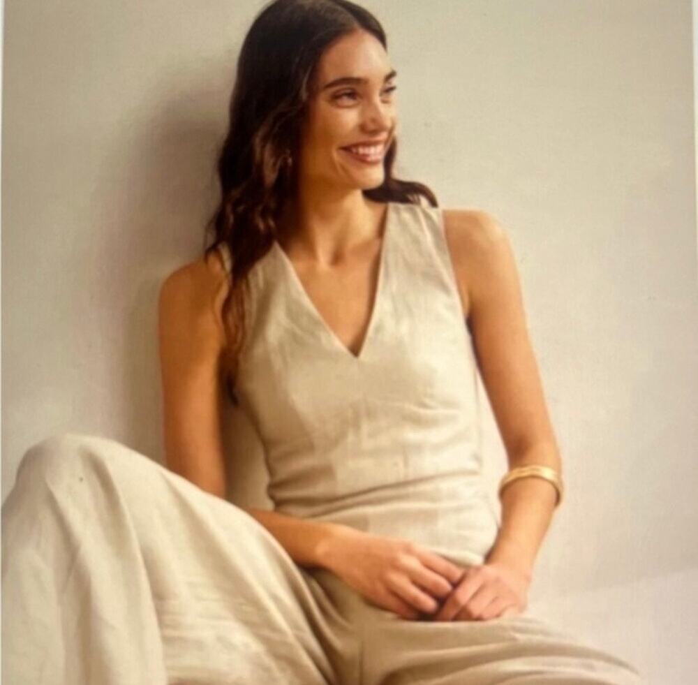 Boden 100% Linen Light Tan Wide Leg Jumpsuit